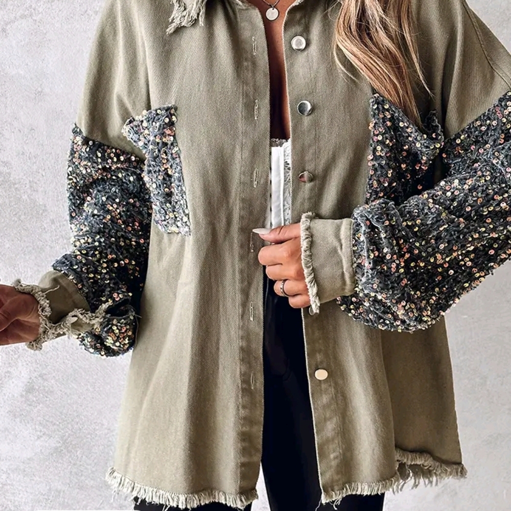 Sequin Embellished Olive Green Jacket